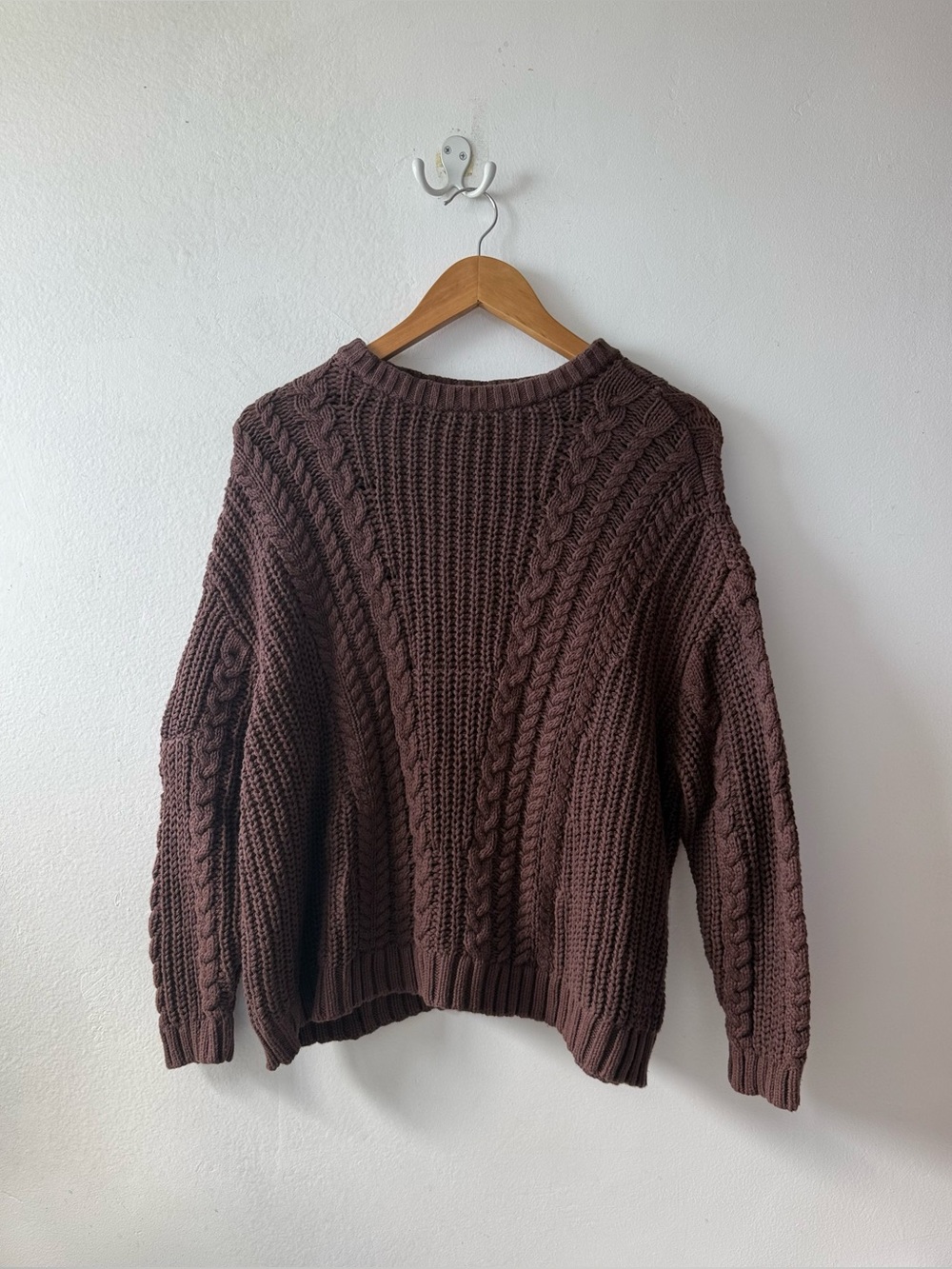 brown cable knit oversized sweater